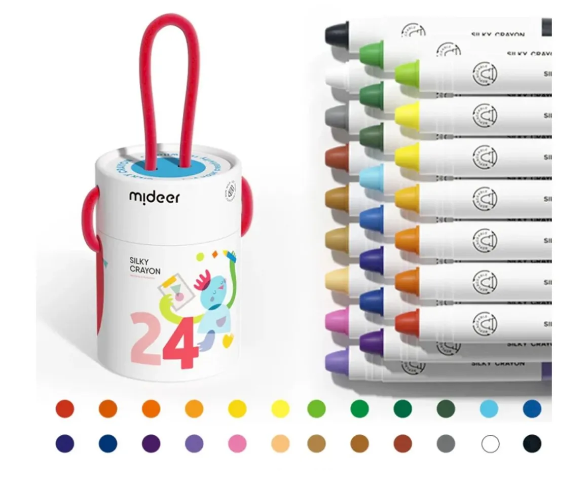 Cubo de 24 Crayones Silky Secado Rápido, Suaves y Lavables