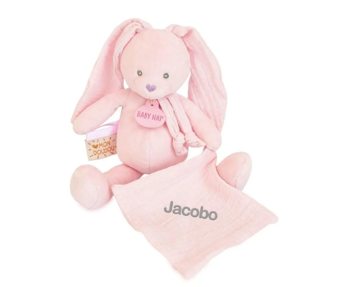 Peluche Conejo con Mini Doudou Rosa Claro Personalizable
